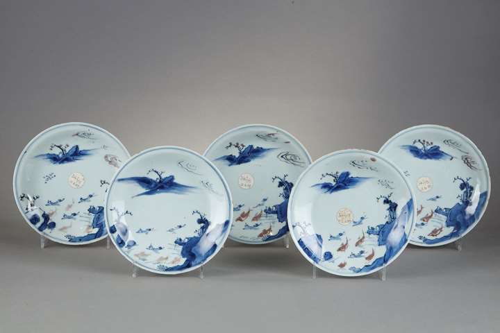 Set of five small plates porcelain underglaze blue and copper red "Ko-sometsuke"